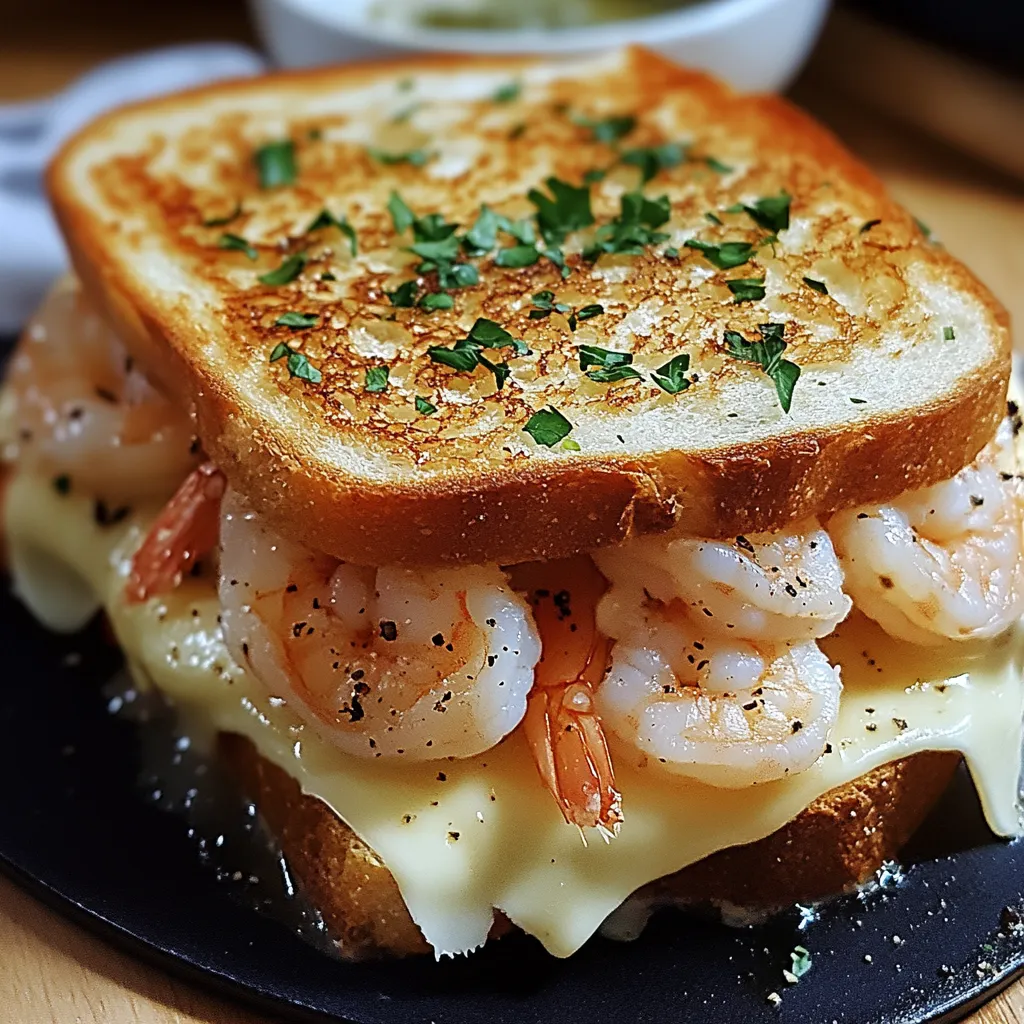 A sandwich with shrimp and cheese on a black plate.