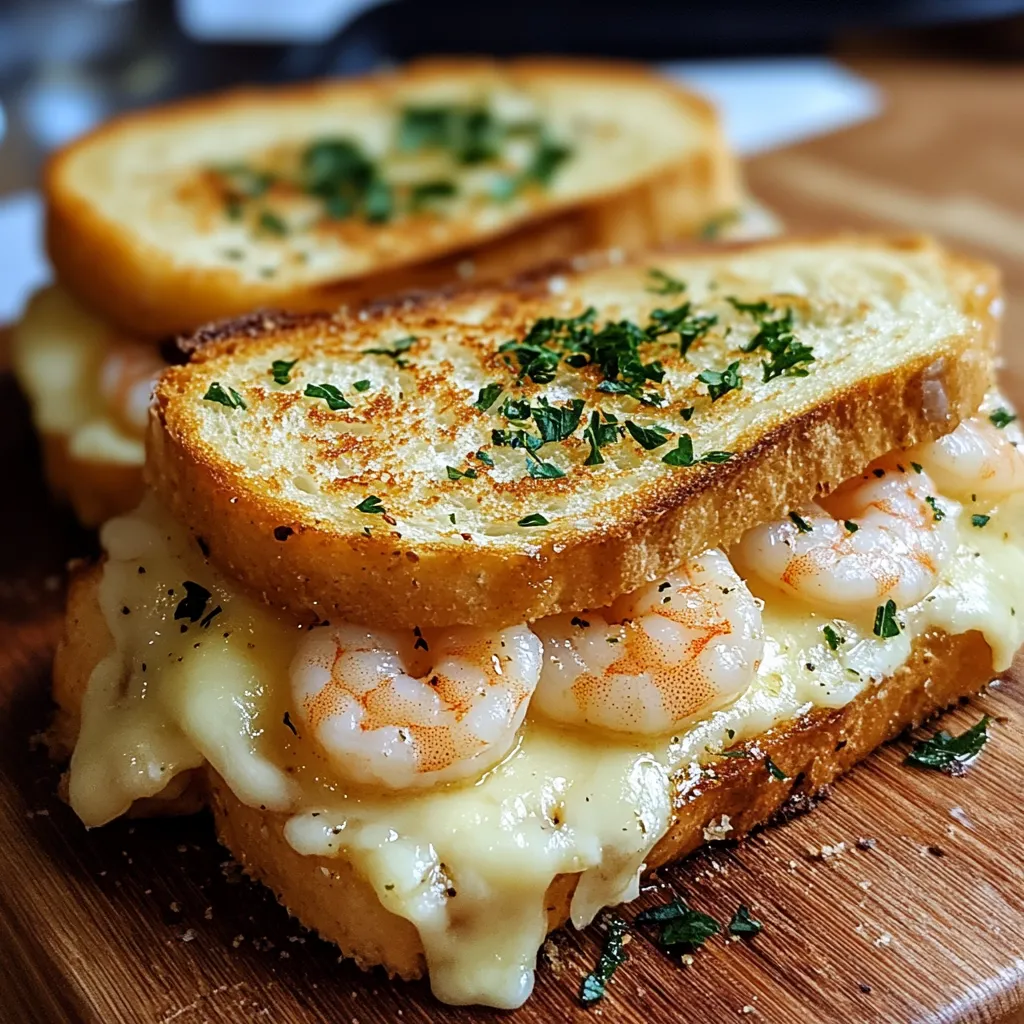 A sandwich with shrimp and cheese on a wooden table.