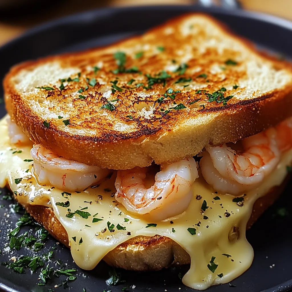 A sandwich with shrimp and cheese on a black plate.