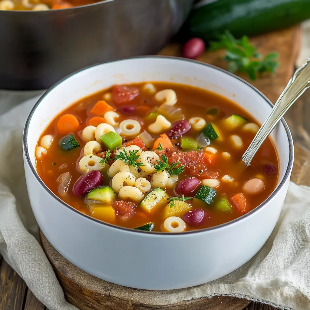 A bowl of soup with pasta, vegetables, and a spoon.