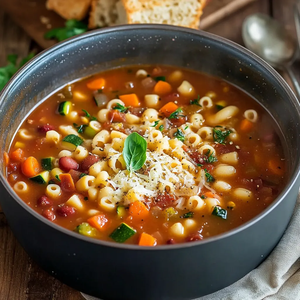 A bowl of pasta with vegetables and cheese.