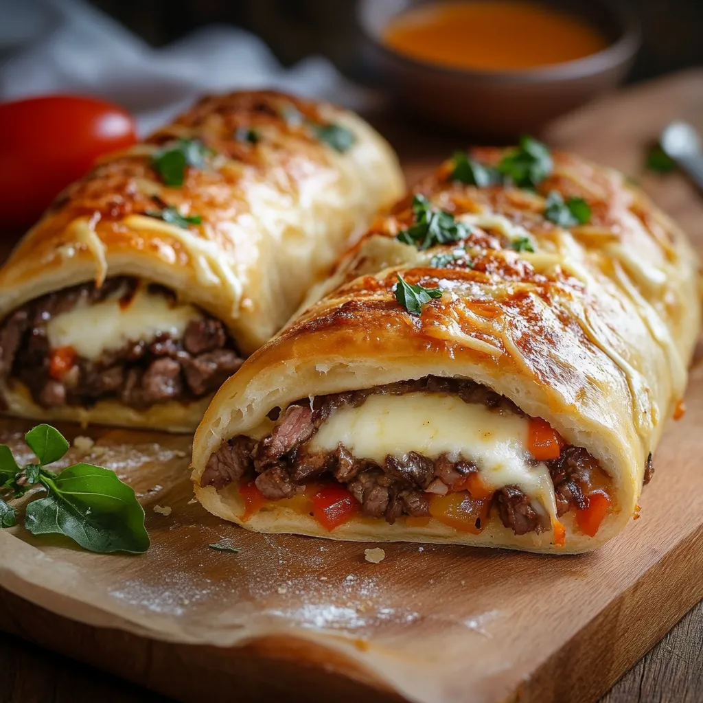 Two meat-filled pastries on a wooden cutting board.