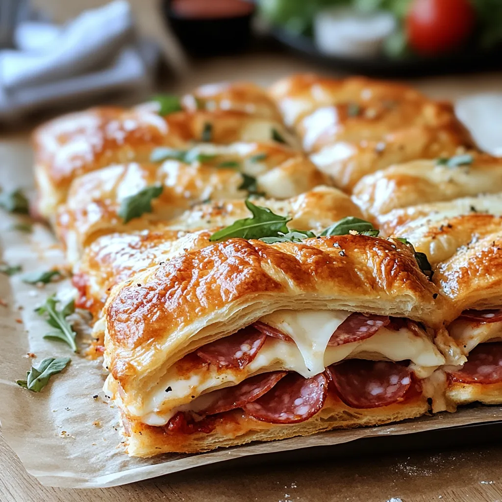 A delicious pastry with meat and cheese filling is displayed on a table.