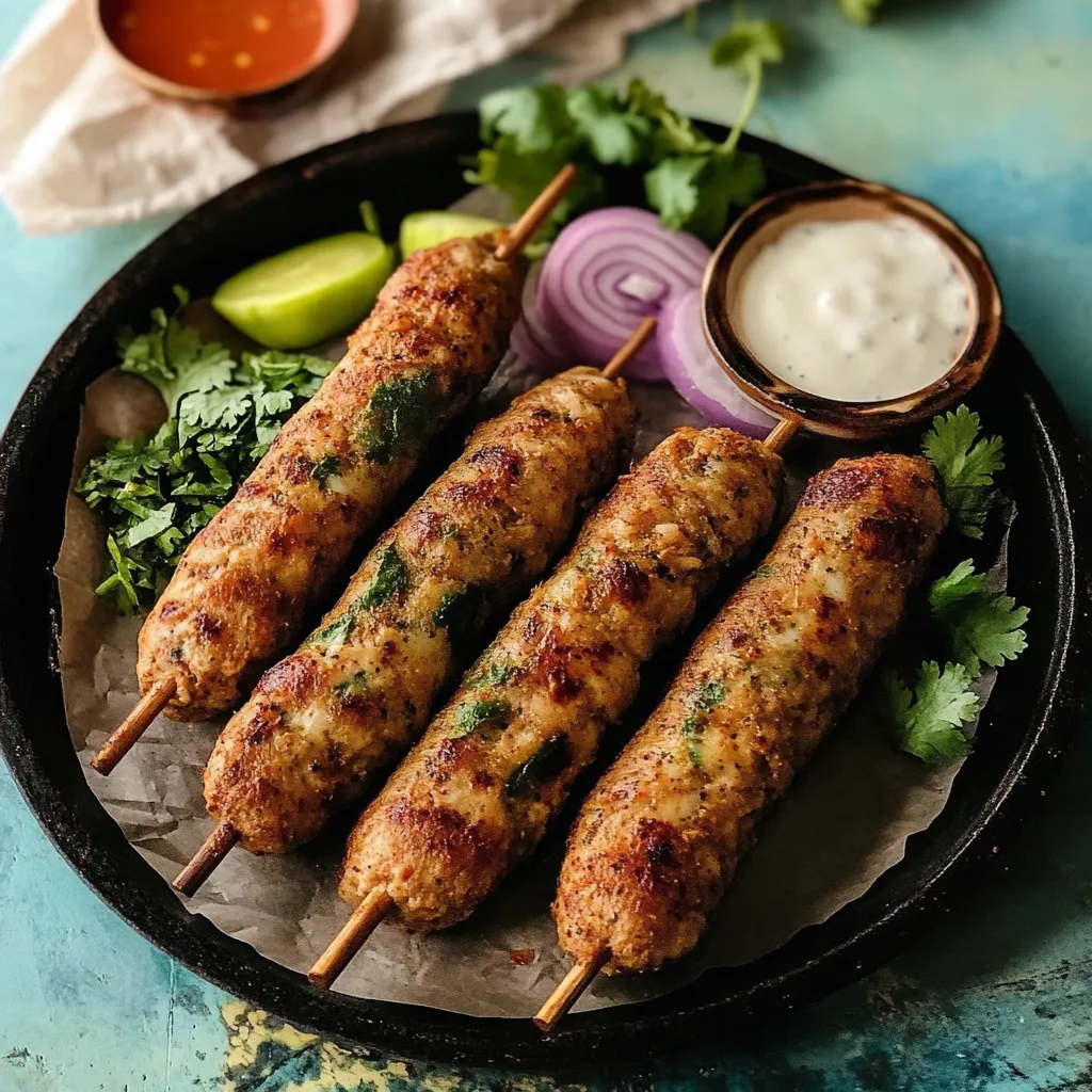 A plate of food with meat on a stick and a bowl of sauce.