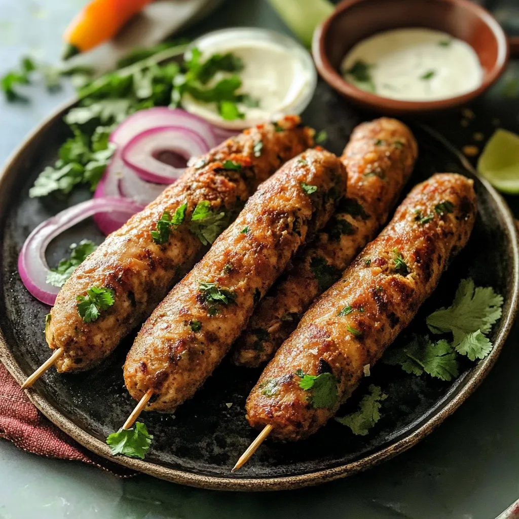 Two skewers of meat with onions and sauce on a plate.