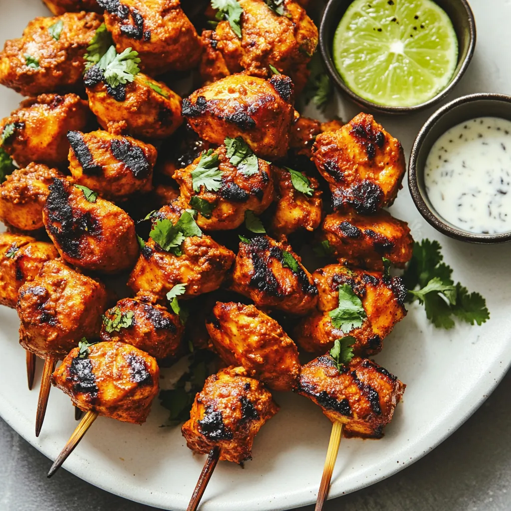 A plate of marinated meat skewers with a bowl of sauce and lime wedges.