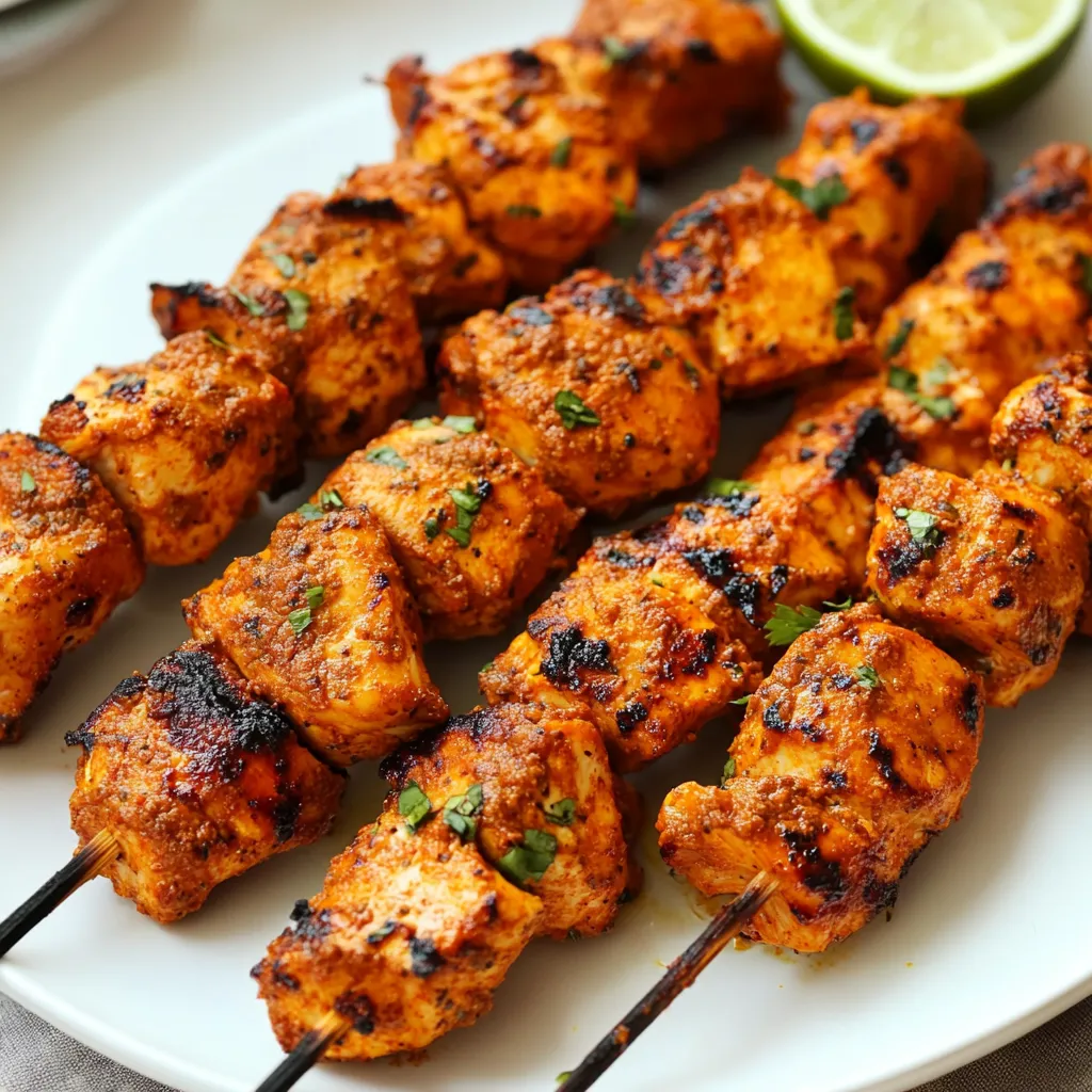 A plate with a bunch of kebab sticks with meat on them.