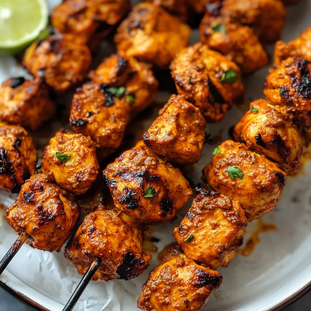 A plate of marinated meat skewers with a garnish of lime wedges.