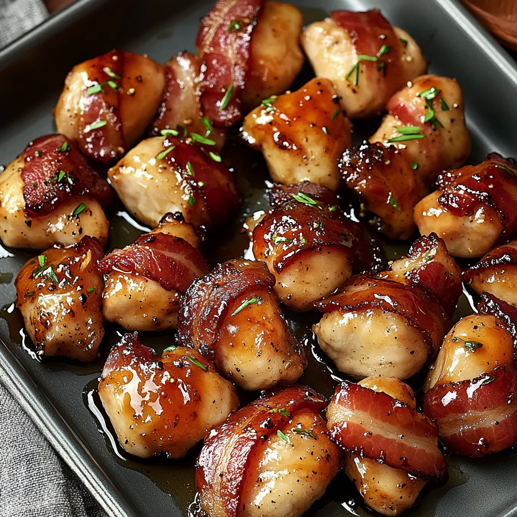 A plate of bacon wrapped appetizers with a drizzle of sauce.