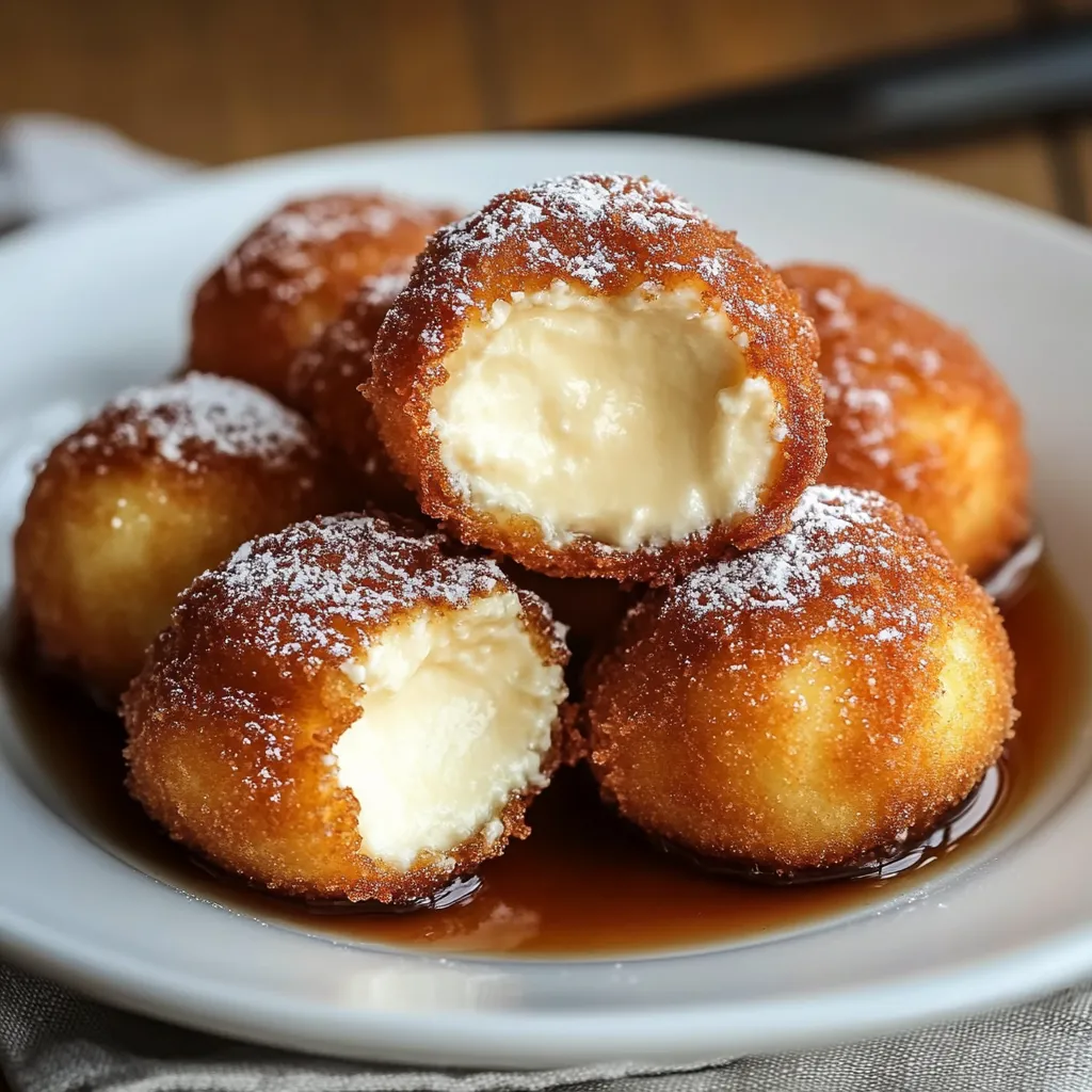 A plate of delicious donuts with a sauce on top.