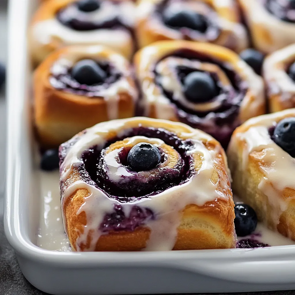 A plate of blueberry rolls with a white icing.