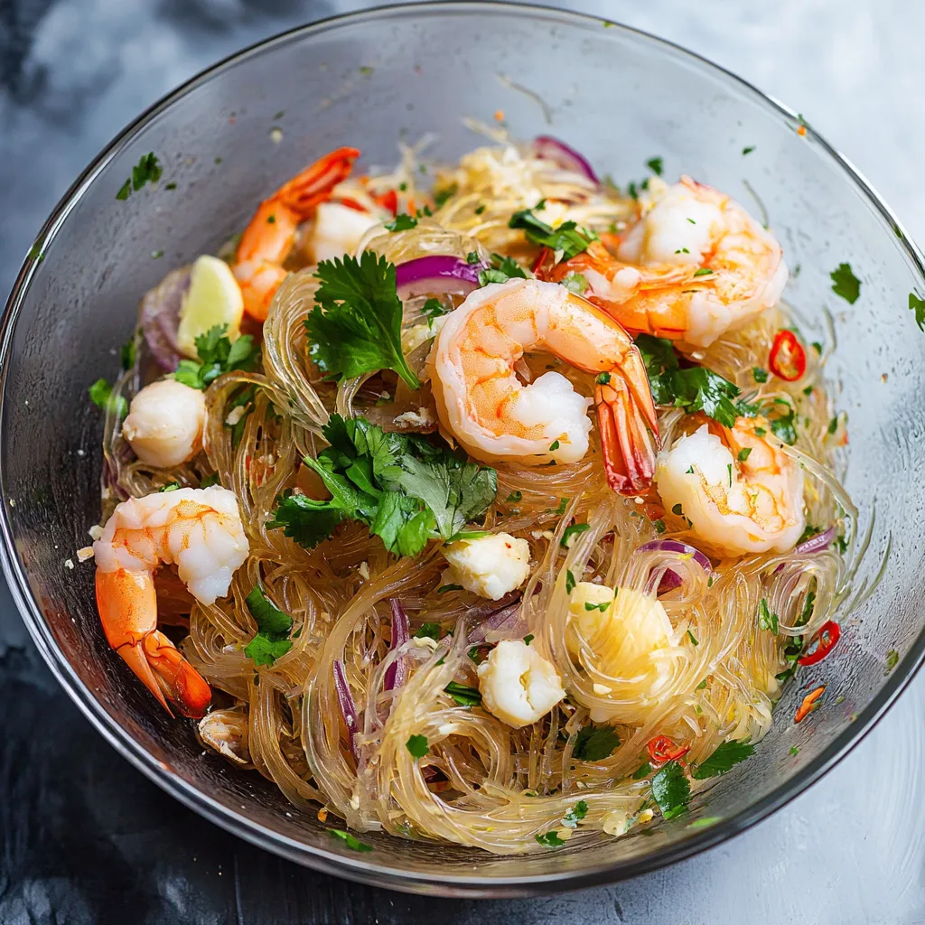A bowl of shrimp and noodles.