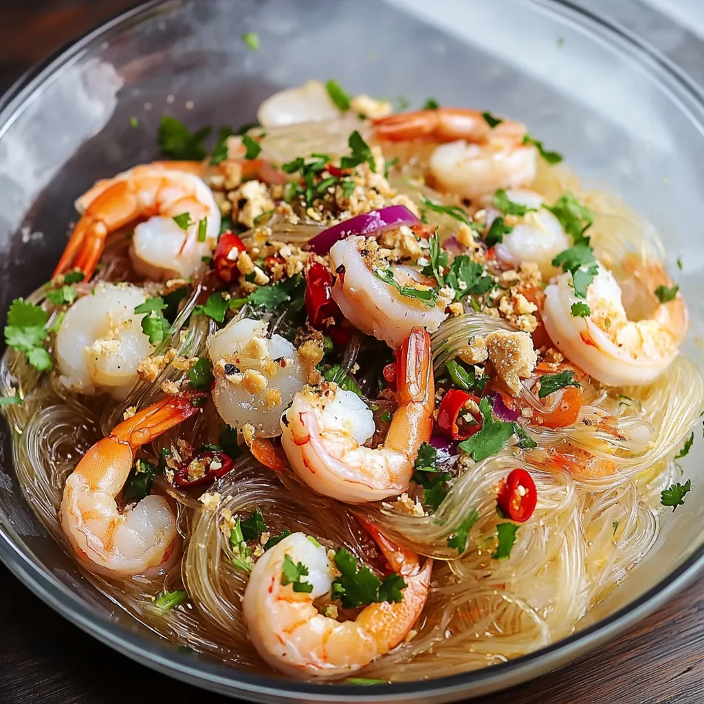 A bowl of shrimp and noodles.