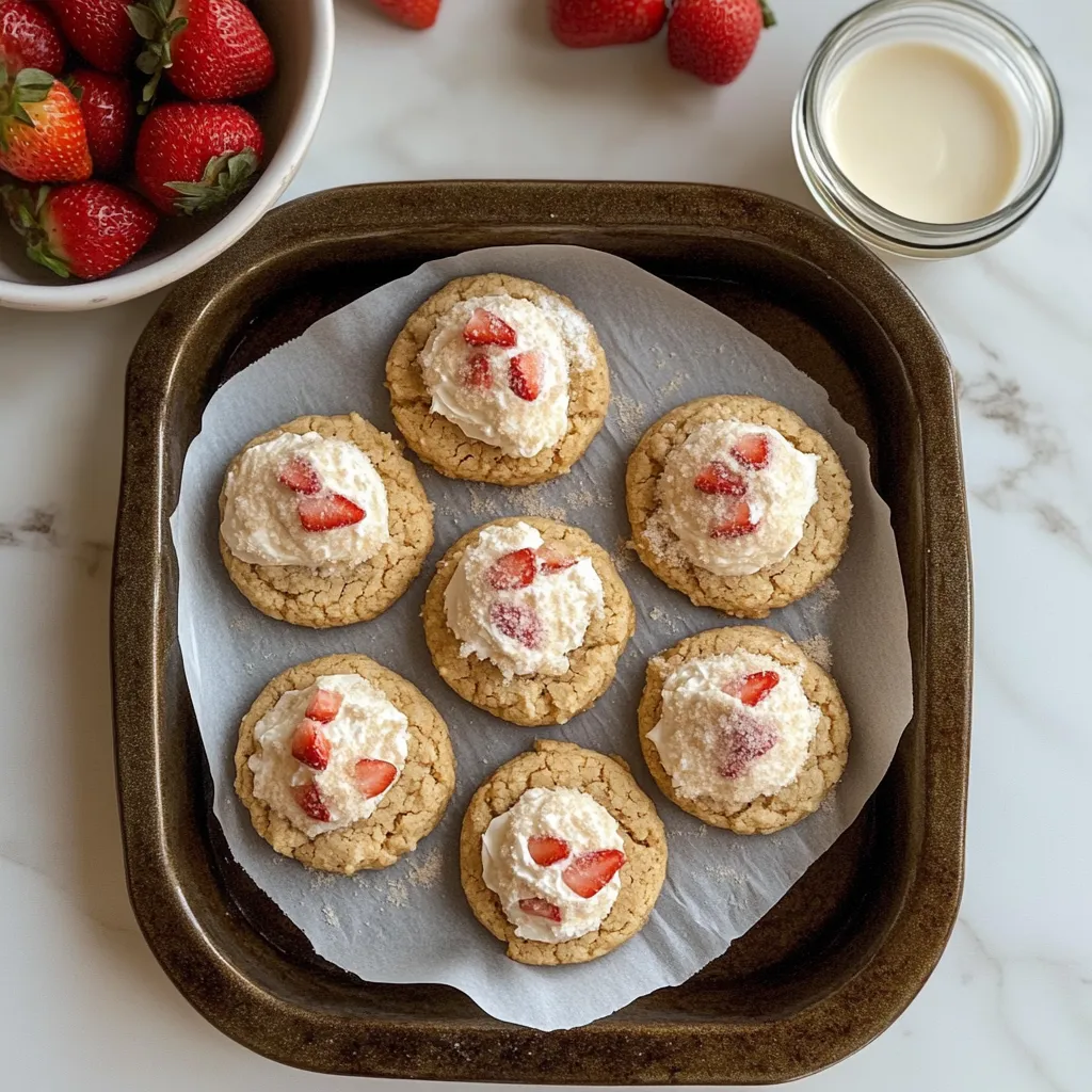 A tray of cookies with strawberries on top.