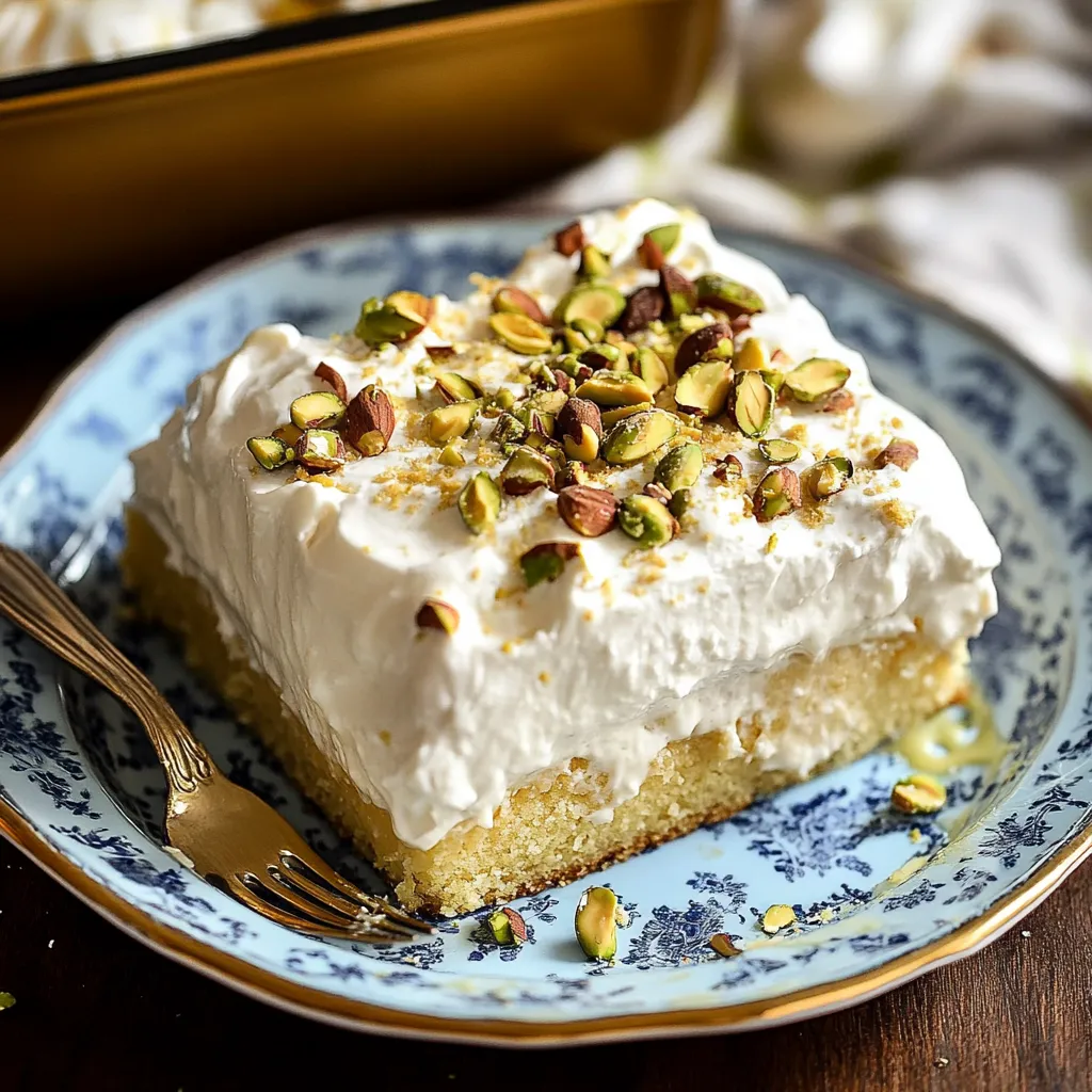 A slice of cake with white frosting and nuts on a blue and white plate.