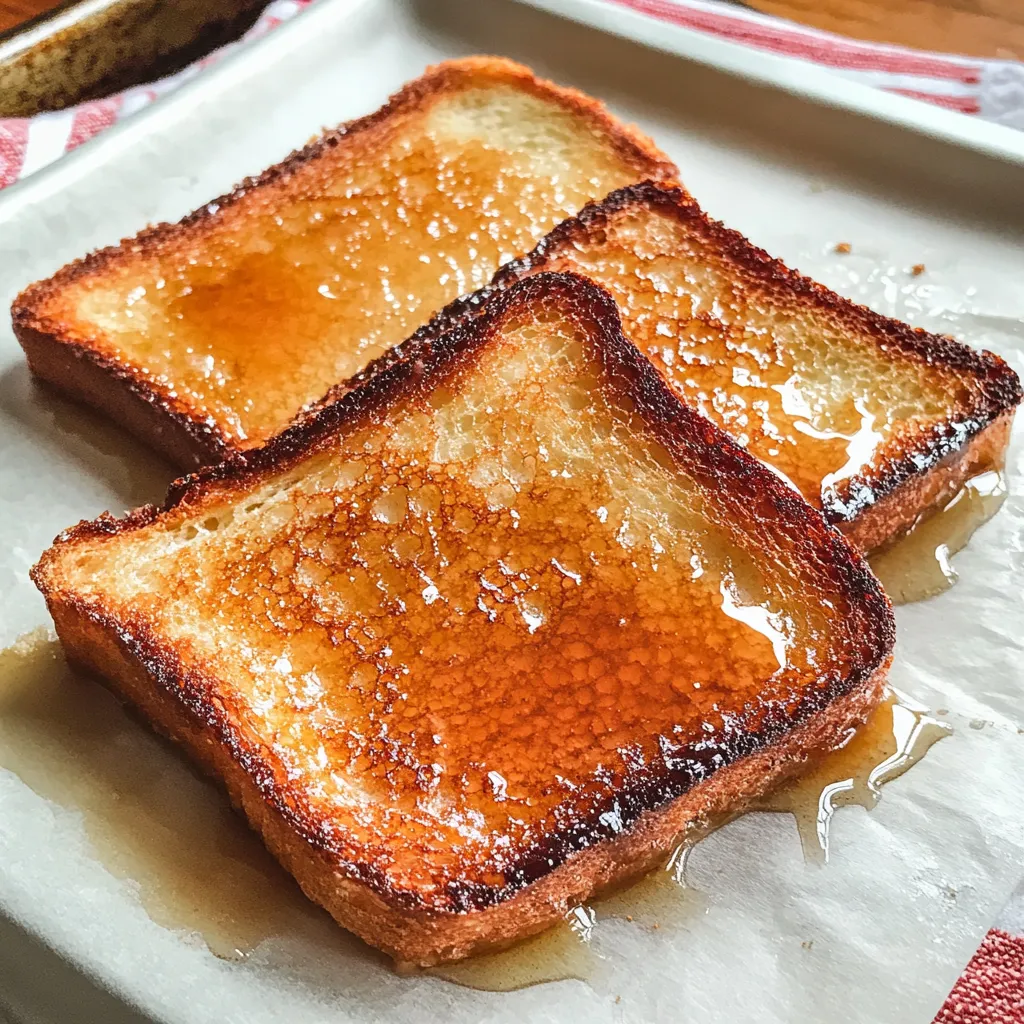 Two pieces of toast with syrup on a plate.