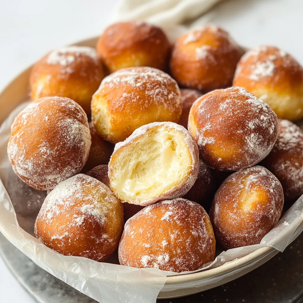 A bowl of doughnuts with powdered sugar.