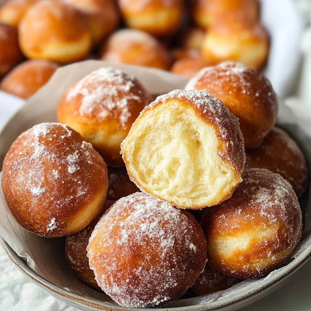 A plate of doughnuts with powdered sugar.
