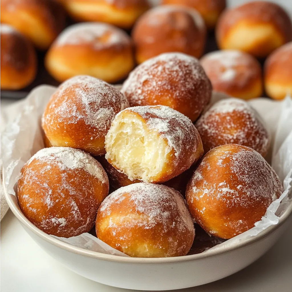 A bowl of doughnuts with powdered sugar.