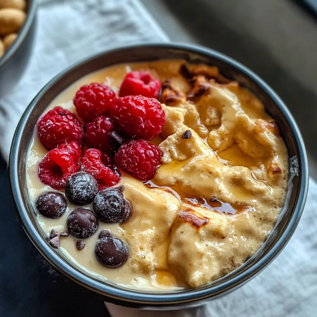 A bowl of food with berries and cream.