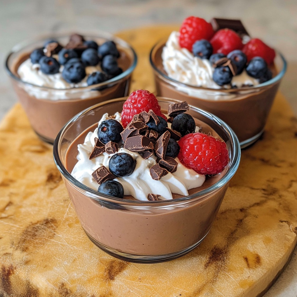 Three glasses of chocolate dessert with berries.