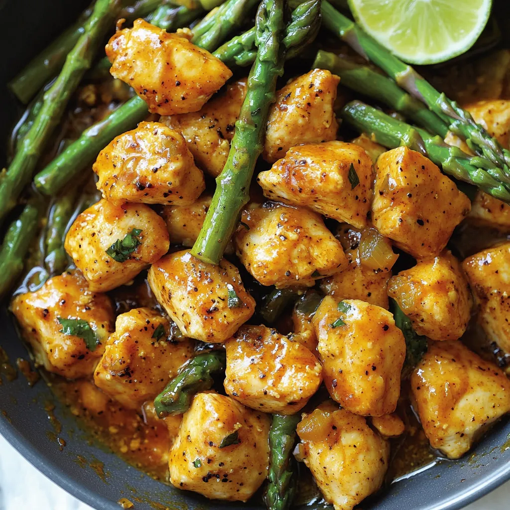 A bowl of chicken and asparagus.