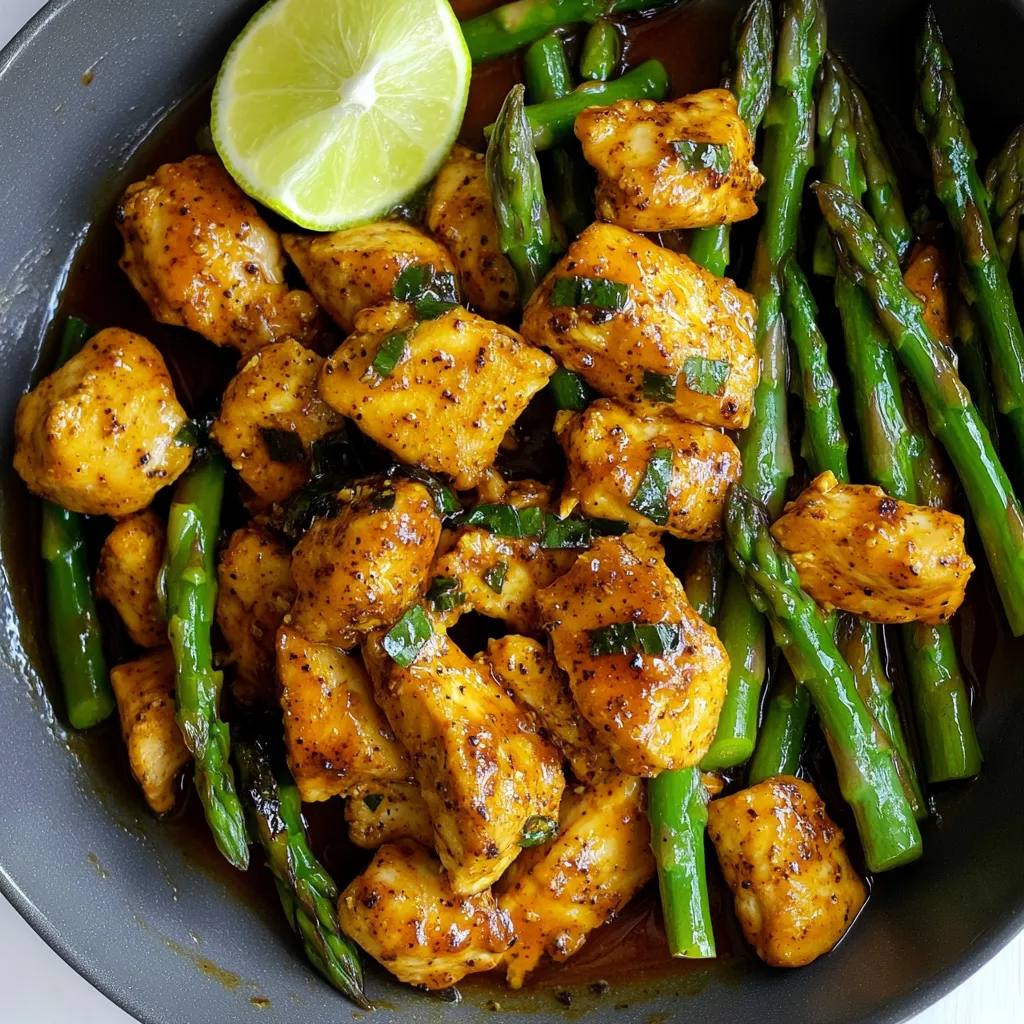 A bowl of chicken and asparagus.