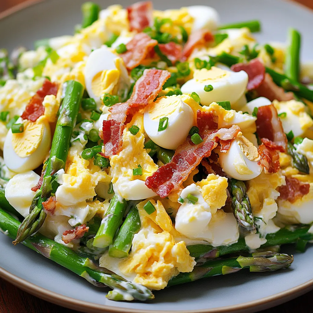 A plate of food with eggs, bacon, and asparagus.