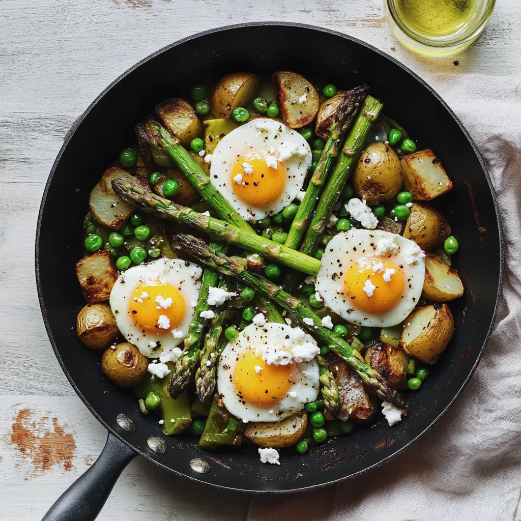 A pan of food with eggs, asparagus, and potatoes.