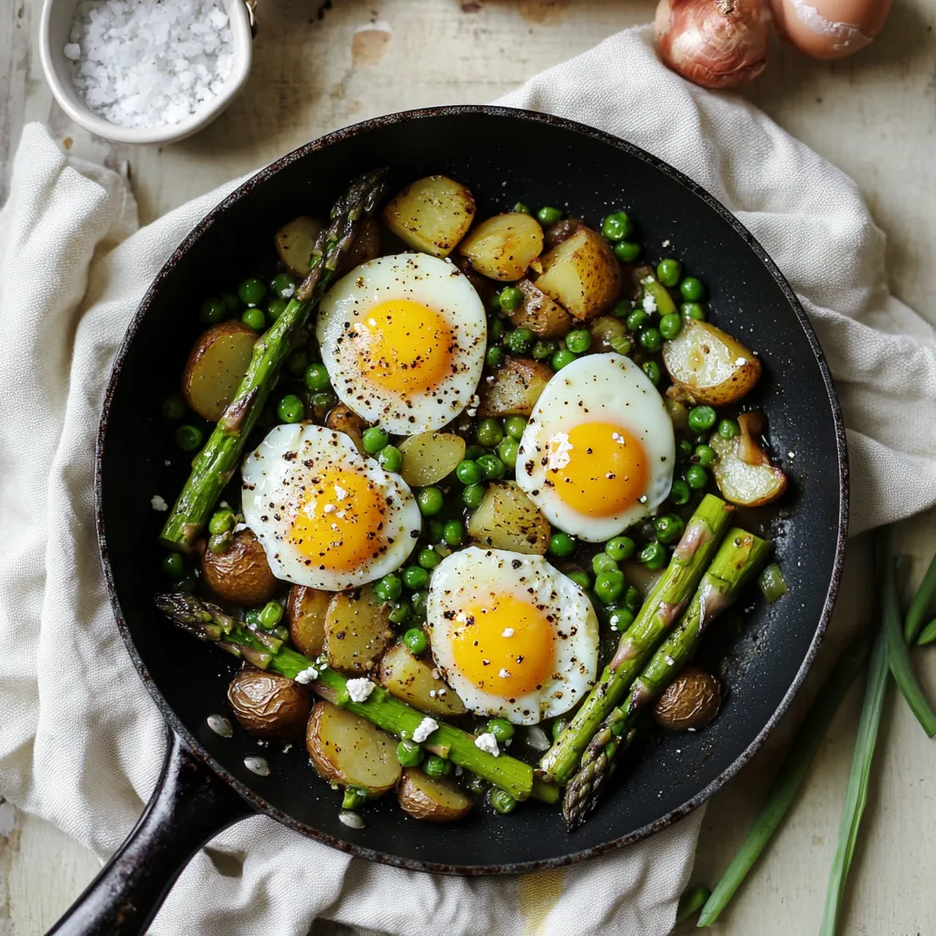 A pan of food with eggs and asparagus.