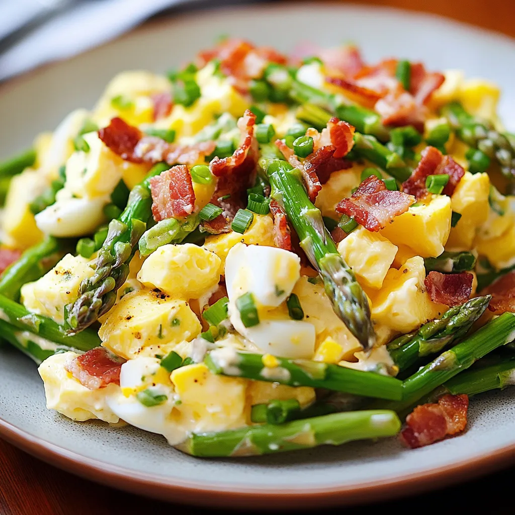 A plate of food with bacon and asparagus.