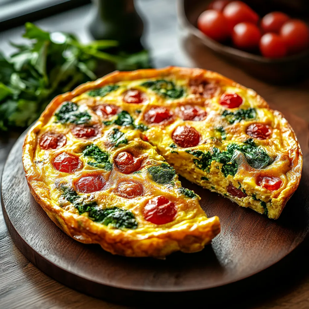 A slice of quiche with tomatoes and spinach.