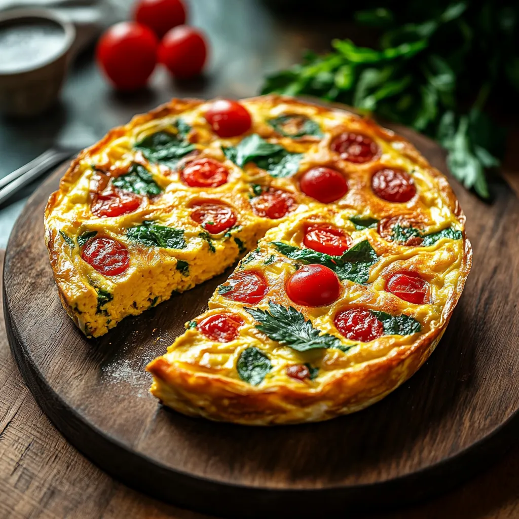 A slice of tomato and spinach quiche.