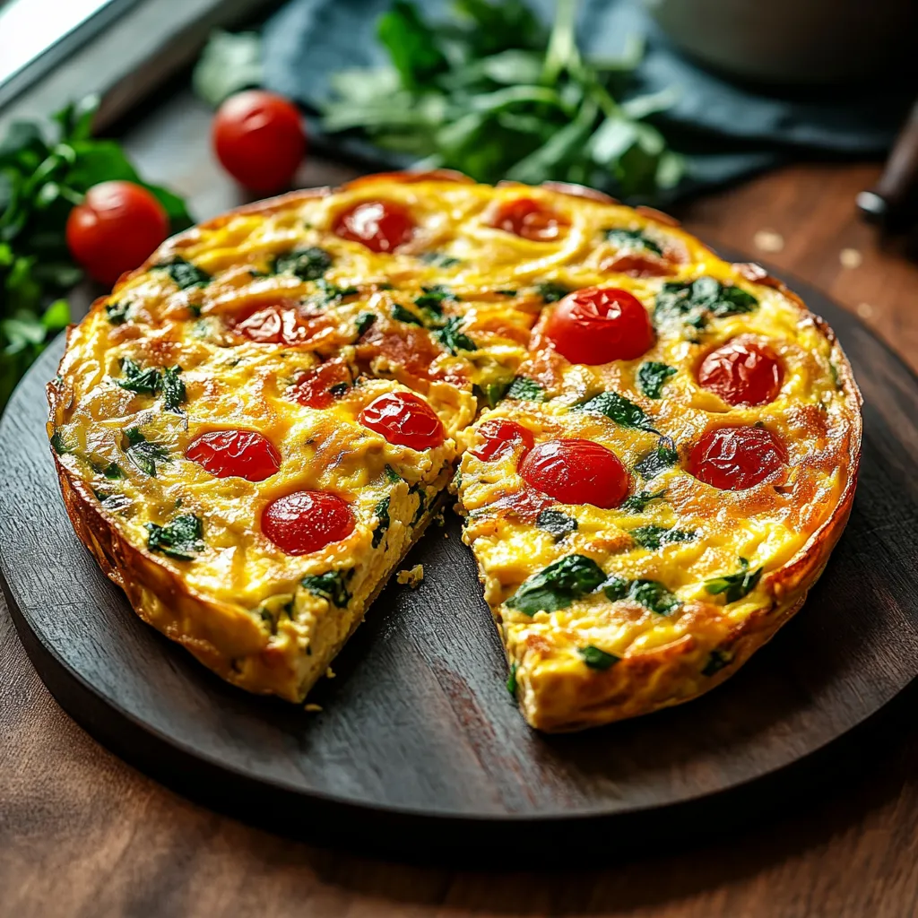 A slice of quiche with tomatoes and spinach.
