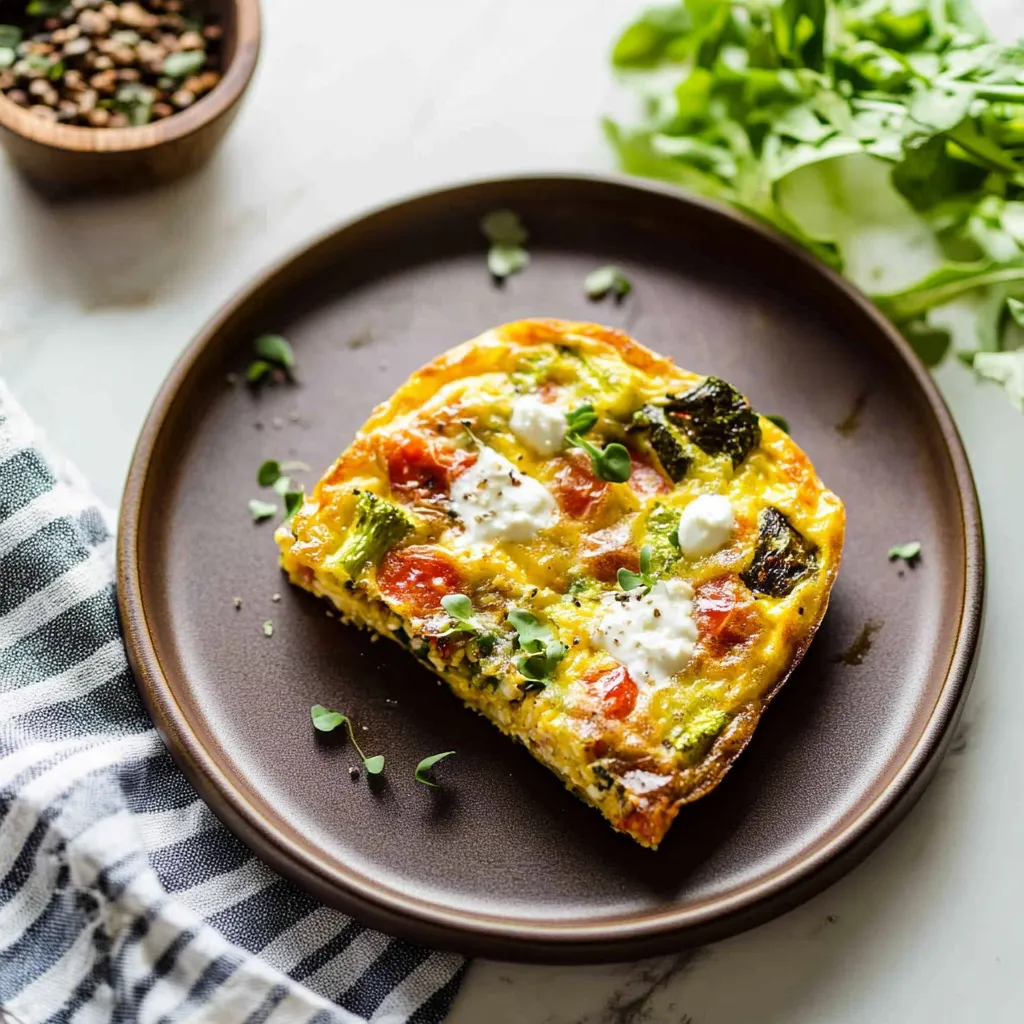 A slice of broccoli and cheese quiche.