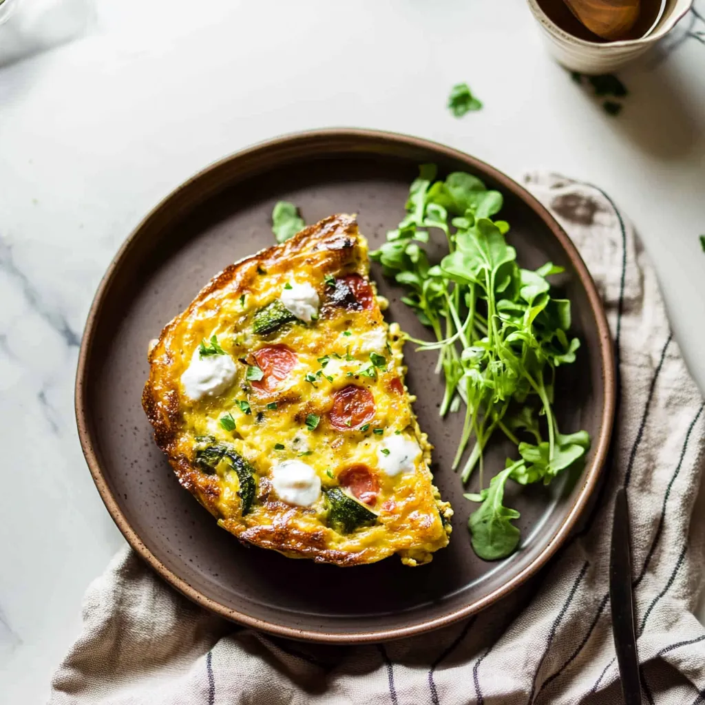 A slice of quiche on a plate.