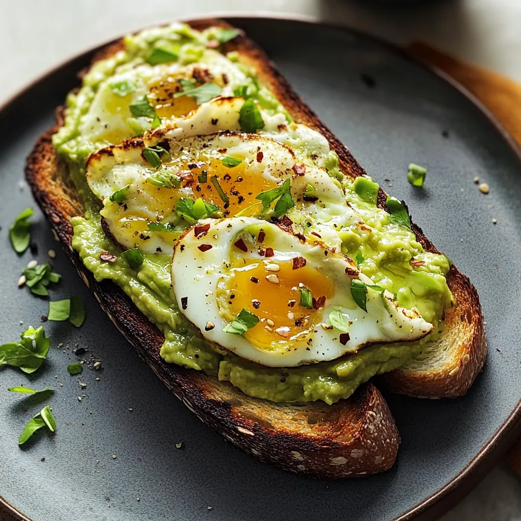 A toasted sandwich with eggs and avocado.