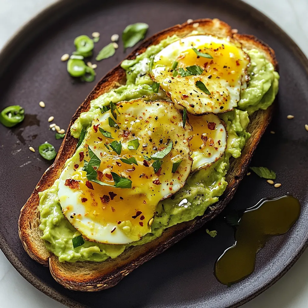 A slice of toast with eggs and avocado.