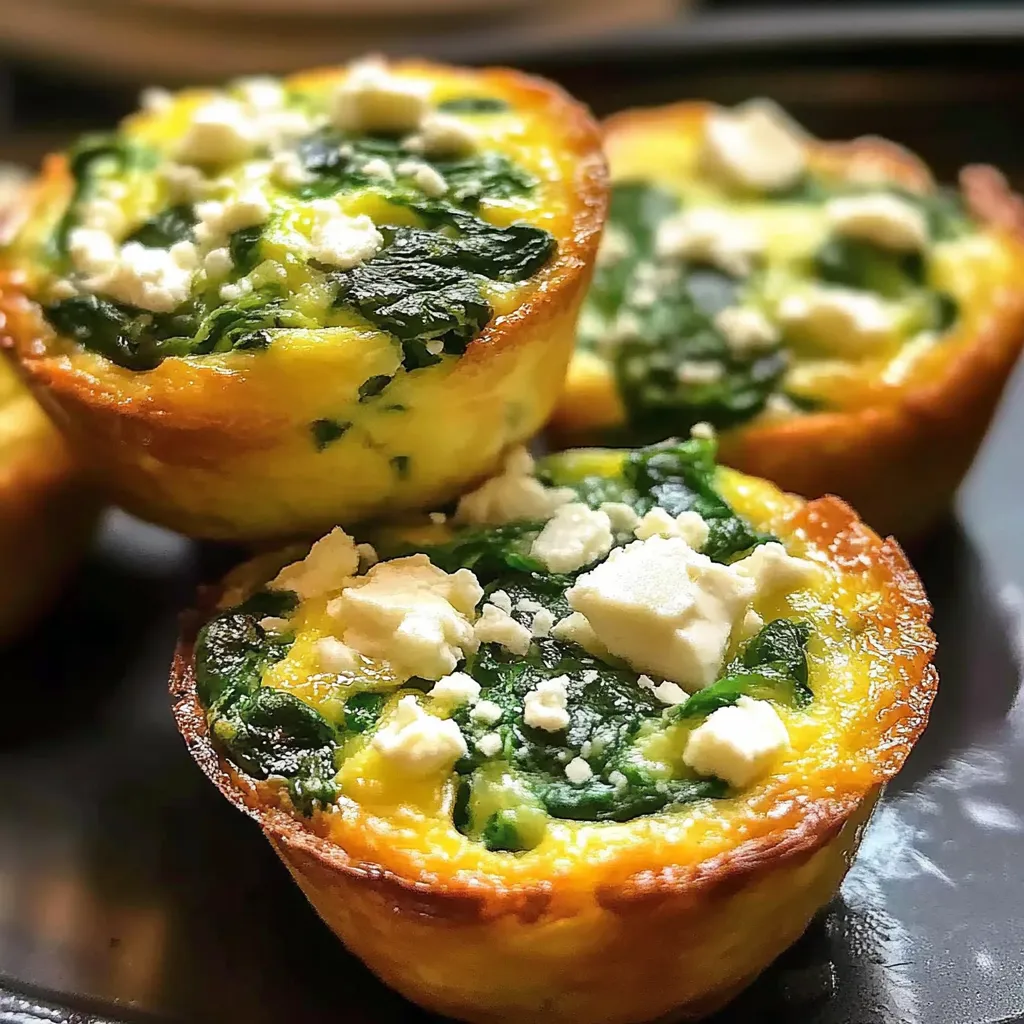 Three miniature quiches with cheese and spinach.
