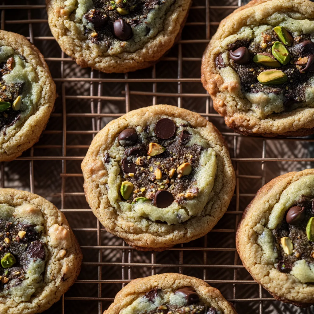 Chocolate chip cookies on a cooling rack.