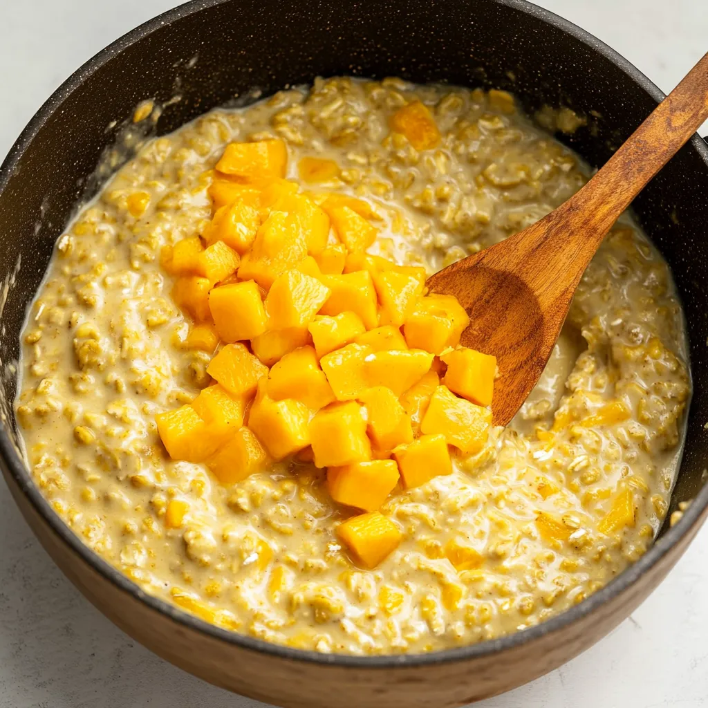 A bowl of oatmeal with sliced peaches on top.
