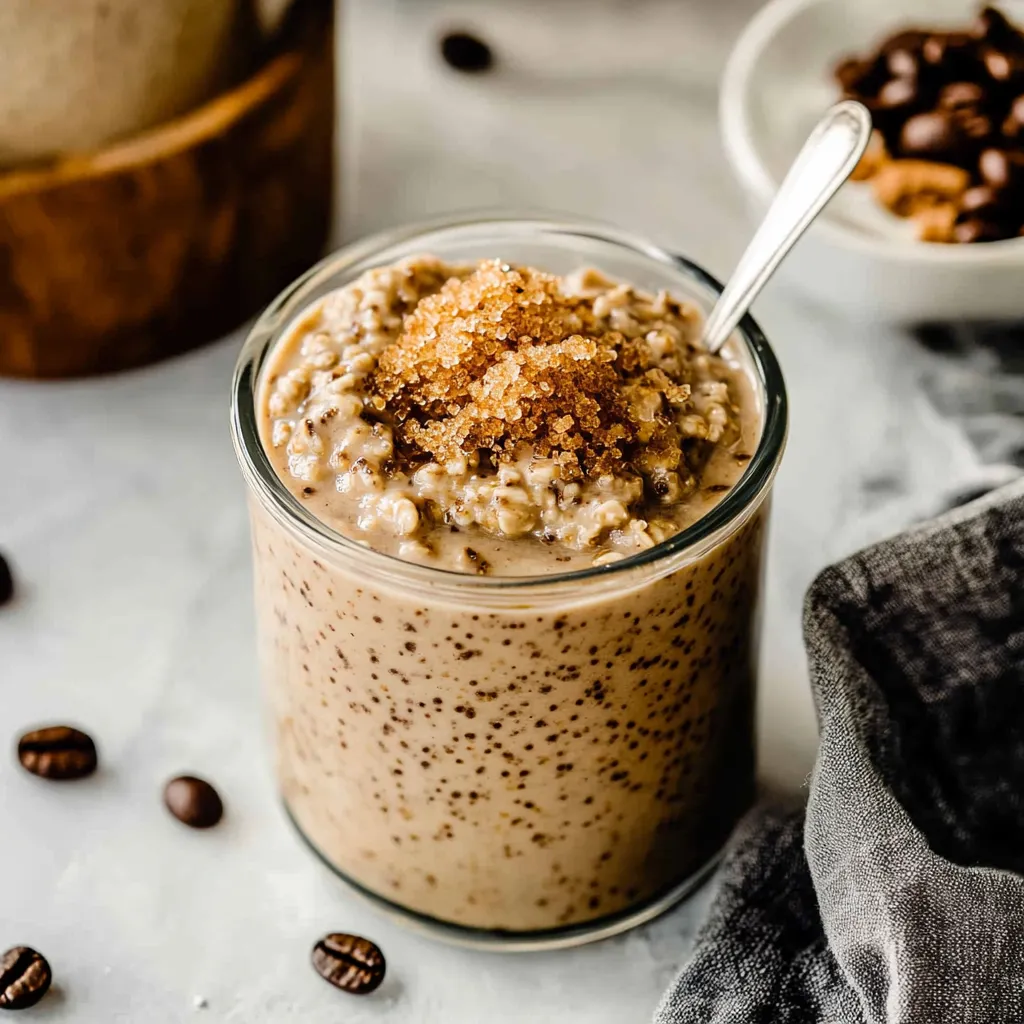 A glass of oatmeal with a spoon in it.