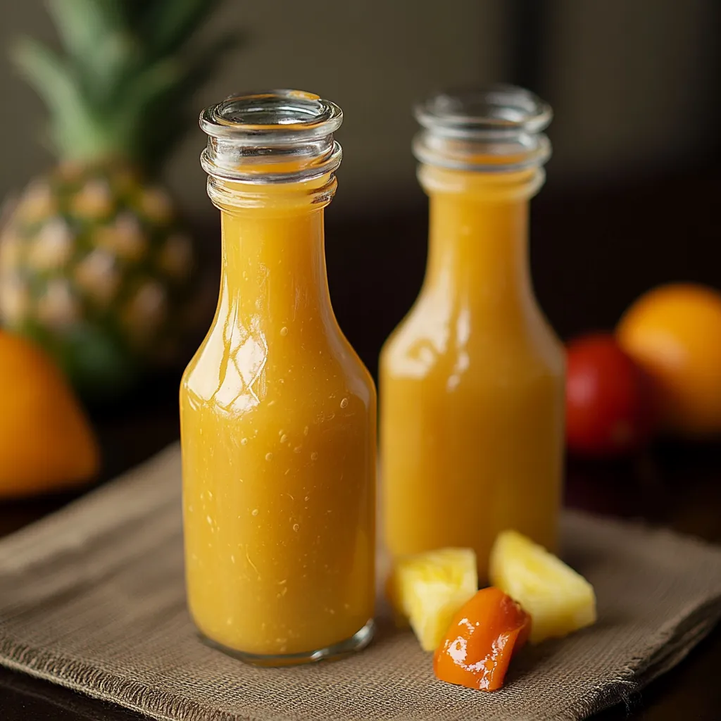 Two bottles of orange juice with a pineapple slice on the table.