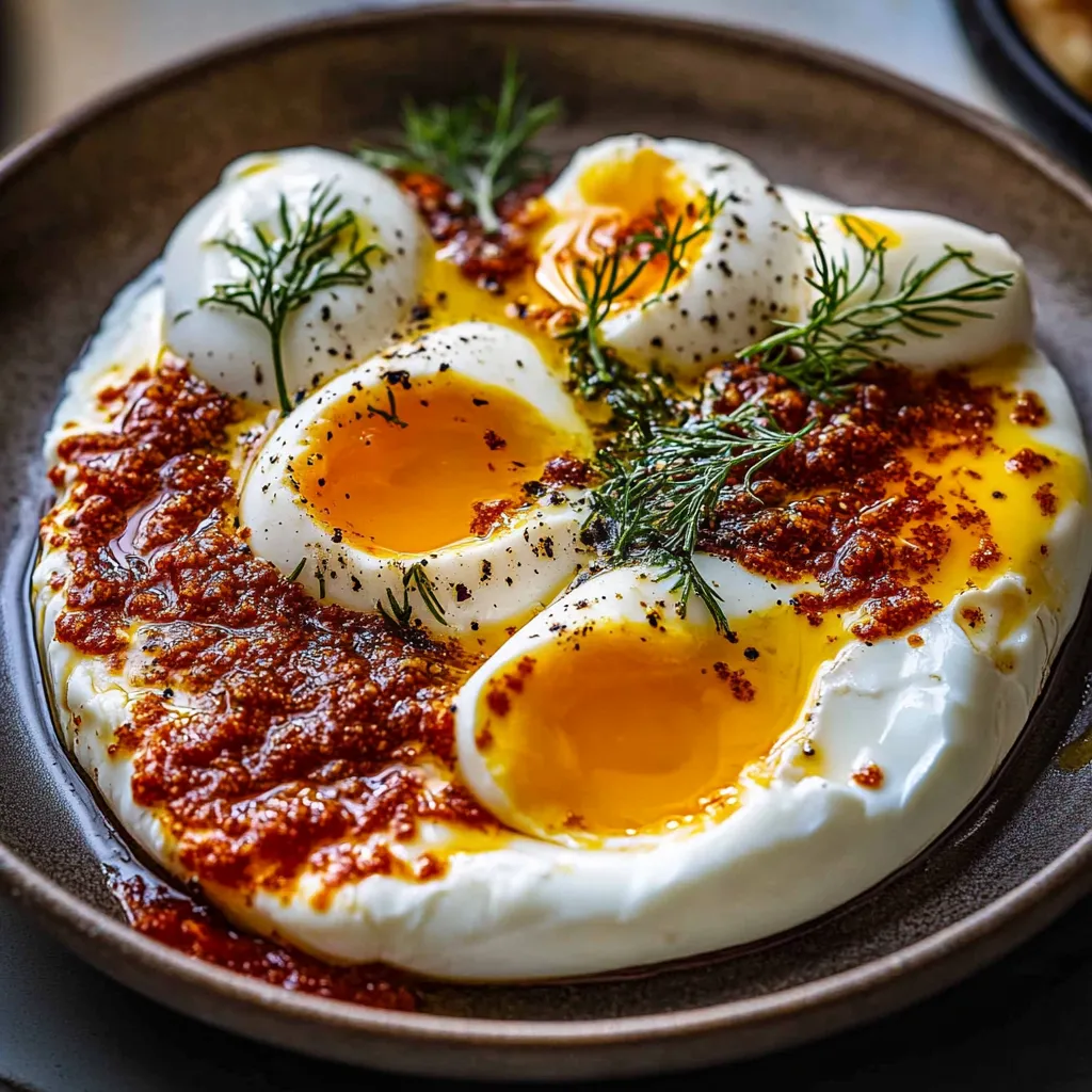 A bowl of food with eggs and sauce.