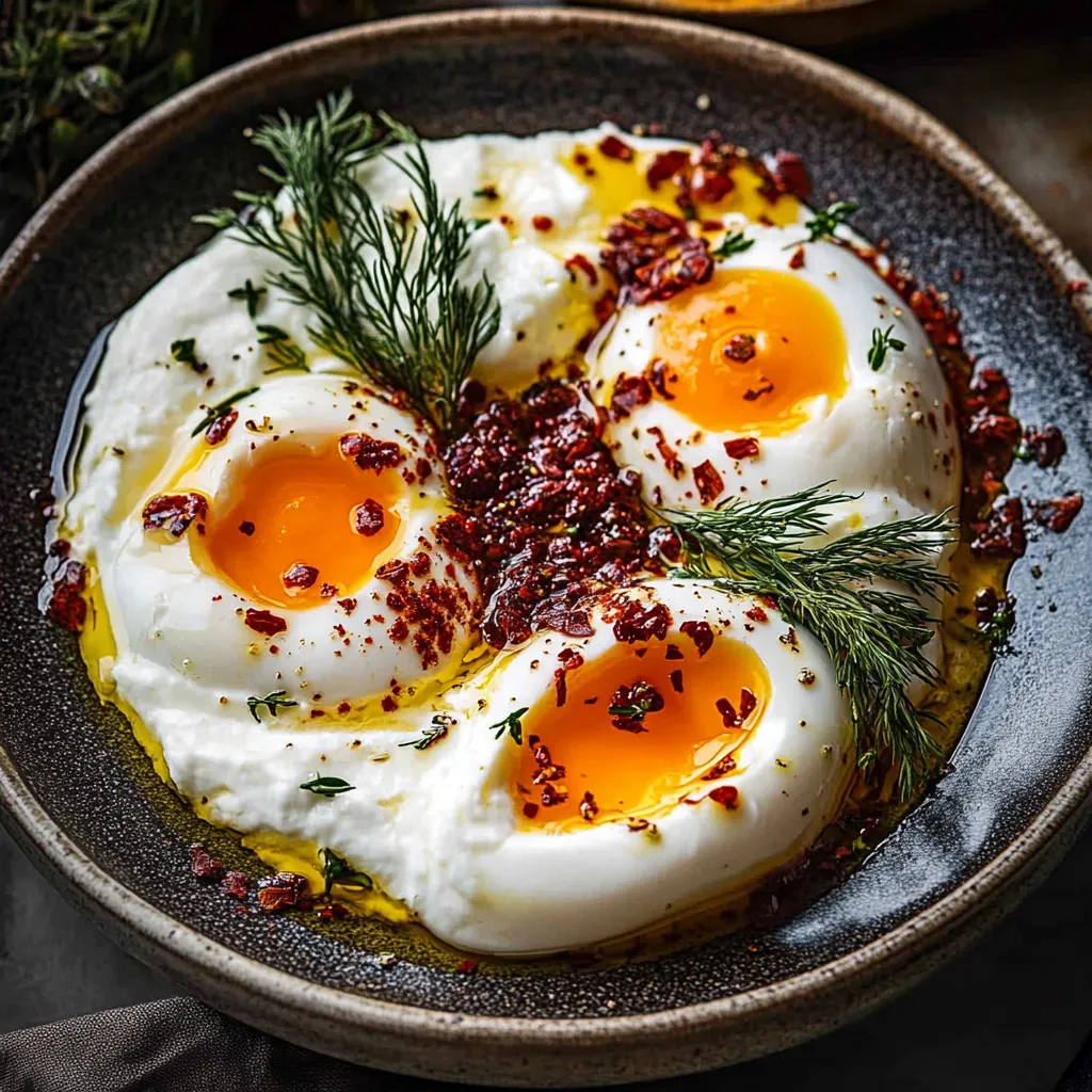 A bowl of eggs with red peppers and herbs.