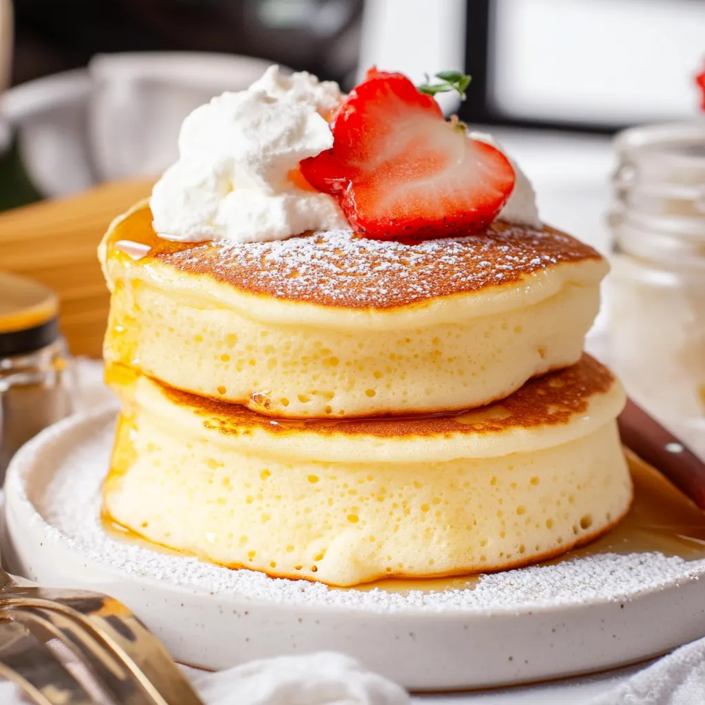 A stack of pancakes with whipped cream and strawberries on top.