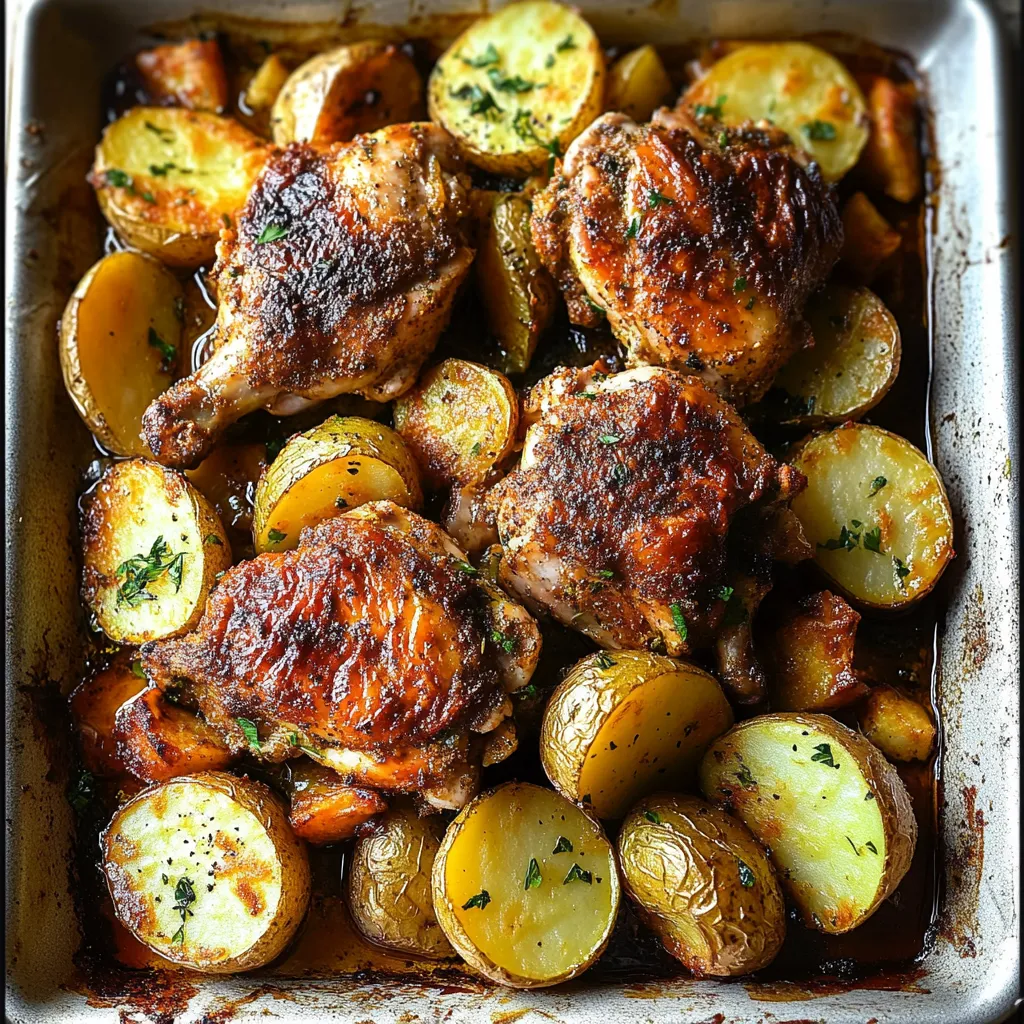 A pan of chicken and potatoes.