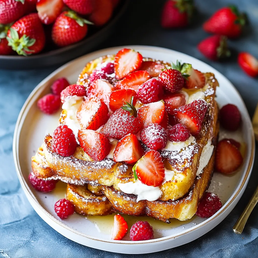 A plate of French toast with strawberries on top.
