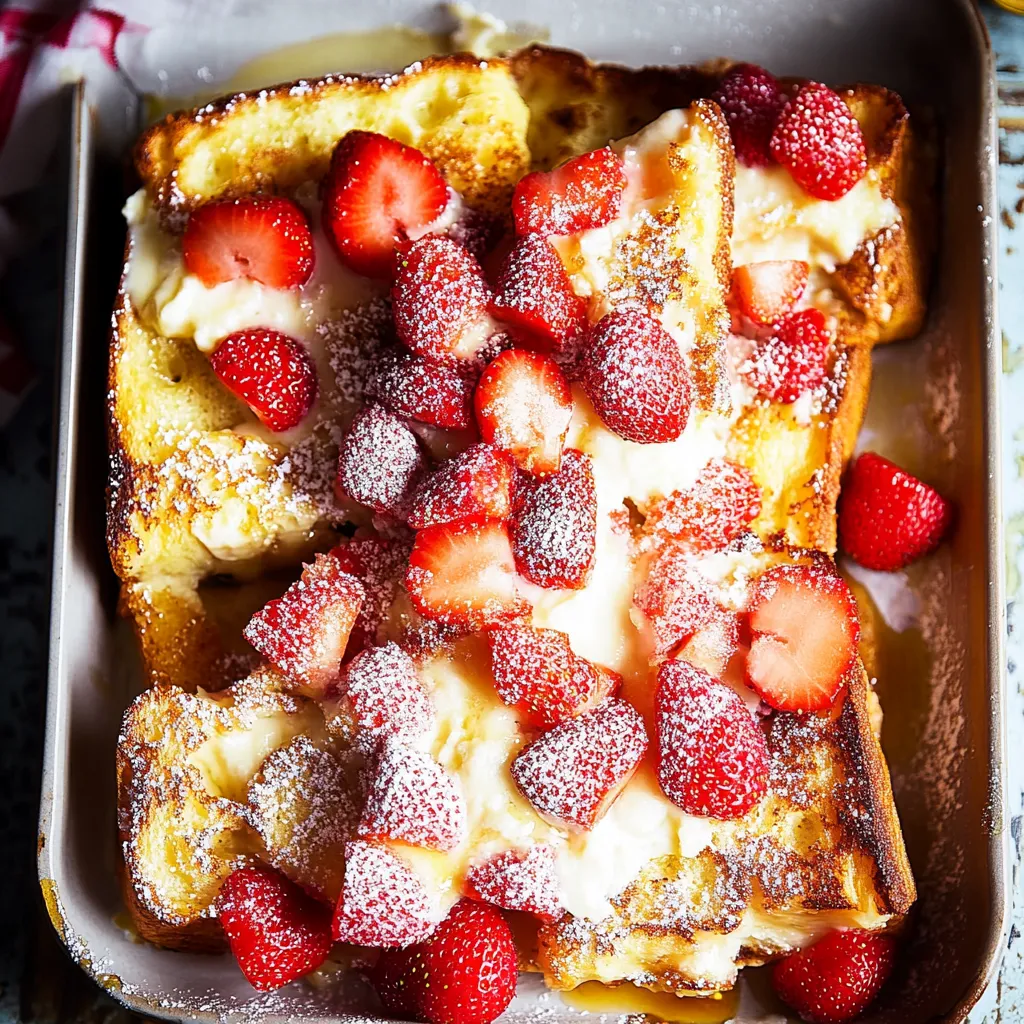 A pan of French toast with strawberries and powdered sugar.