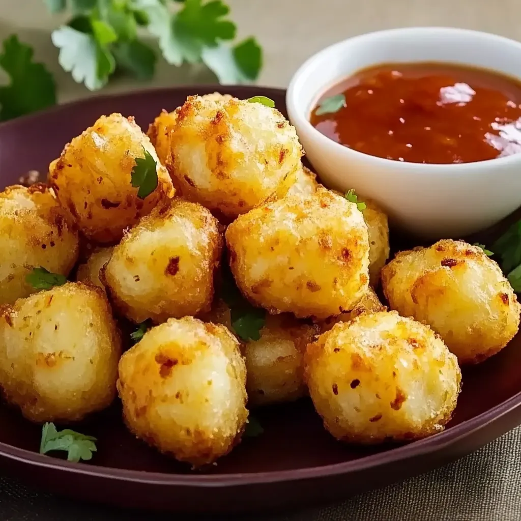 A plate of tater tots with a dipping sauce.